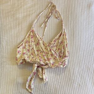 Zara Cream Floral Tie-Front Crop Halter Top